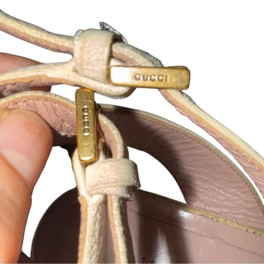 ▶️ Gucci ◀️ Liliane Suede Cork Cream and Gold Studded Sandals. Size 38 - Picture 11 of 16